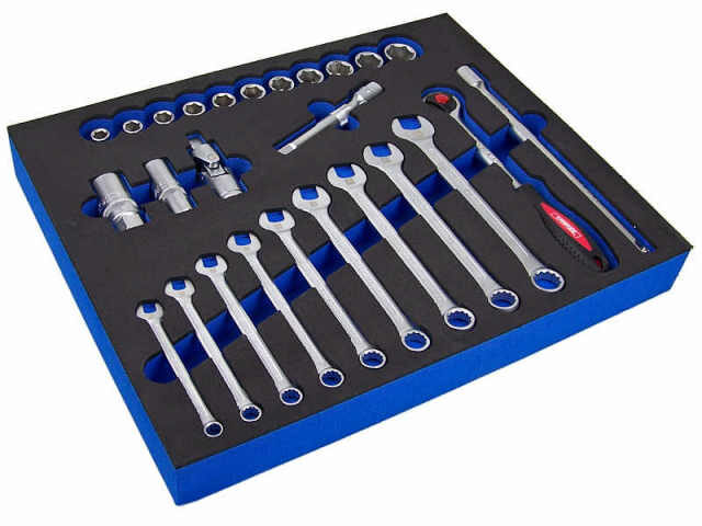 Foam tool tray, shadowboards in black and blue for protecting and organizing tools