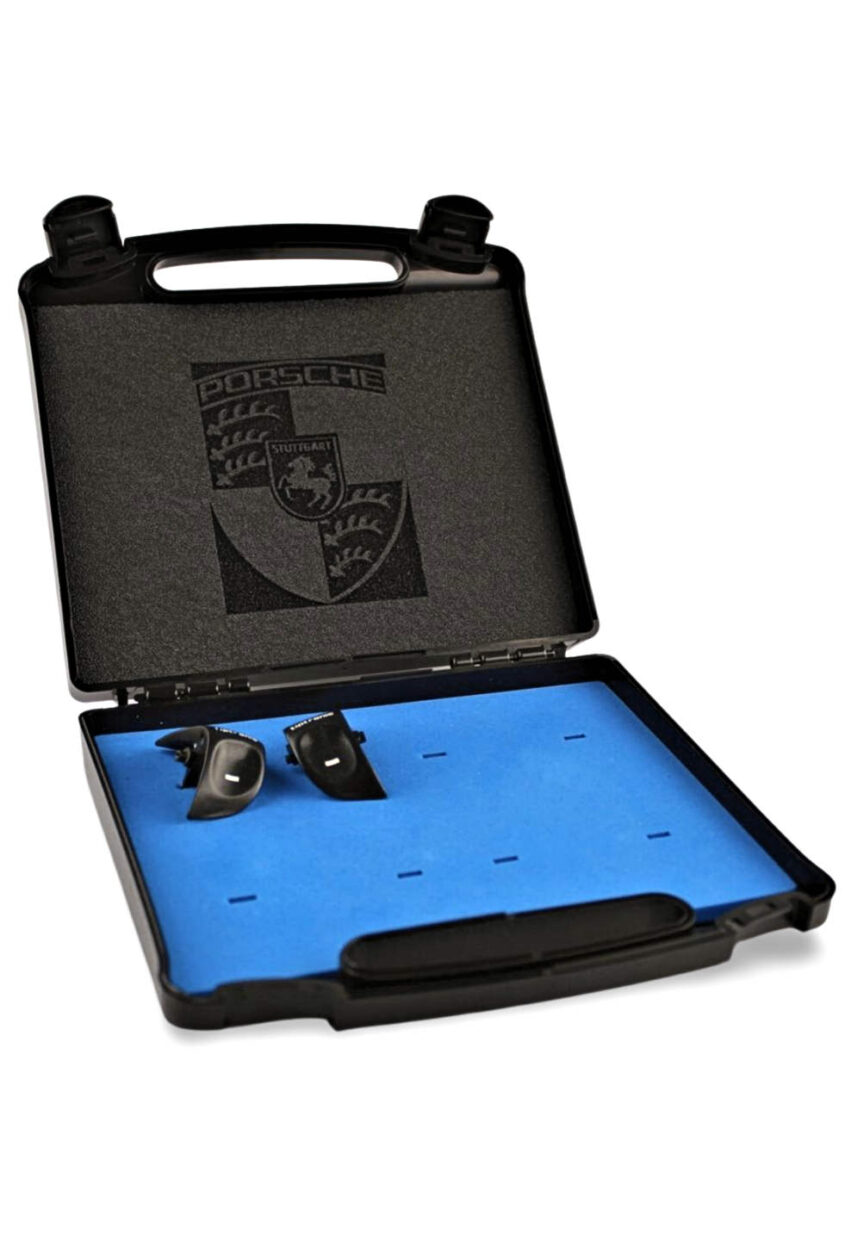 Plastic case with foam insert, black/blue with laser engraving